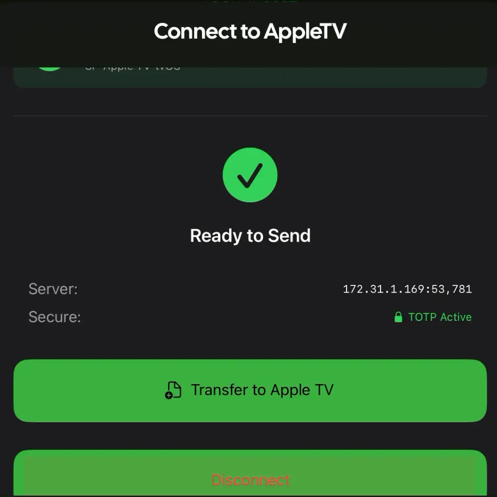 Apple TV file transfer screen inside the spatial fields app